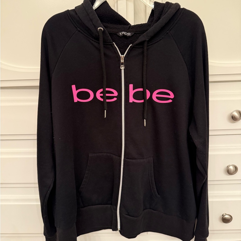 Bebe Black Zip-Up Hoodie with Pink Logo